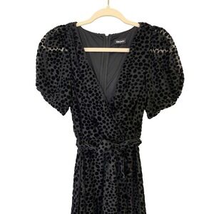 DKNY Black Velvet Polka Dot Midi Dress Puff Sleeve Wrap‎ Belted Career Size S